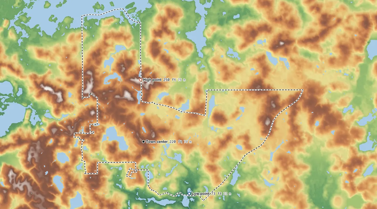 Topographic elevation map of Bradfordville, Florida, shaded from 73 ft on the southeast side to 250 ft on the north side