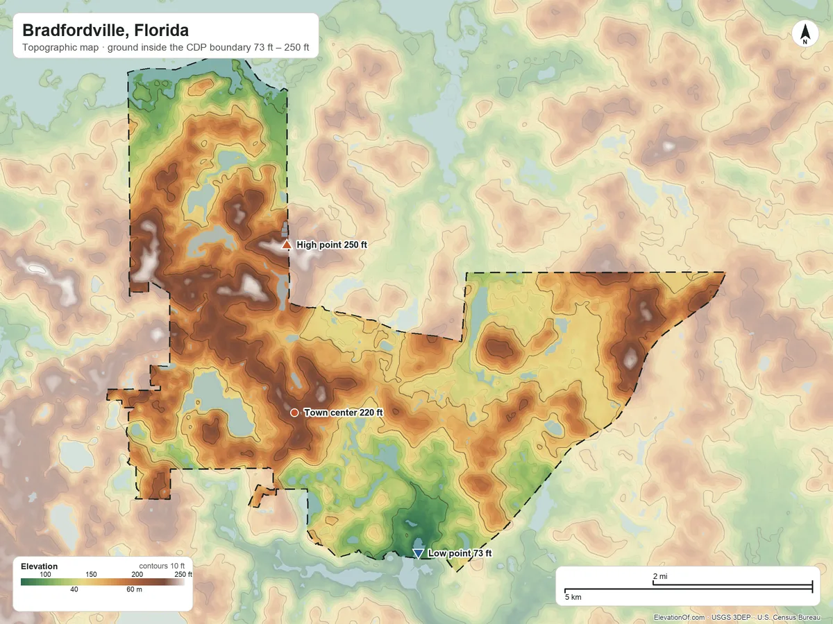 Topographic elevation map of Bradfordville, Florida, shaded from 73 ft on the southeast side to 250 ft on the north side