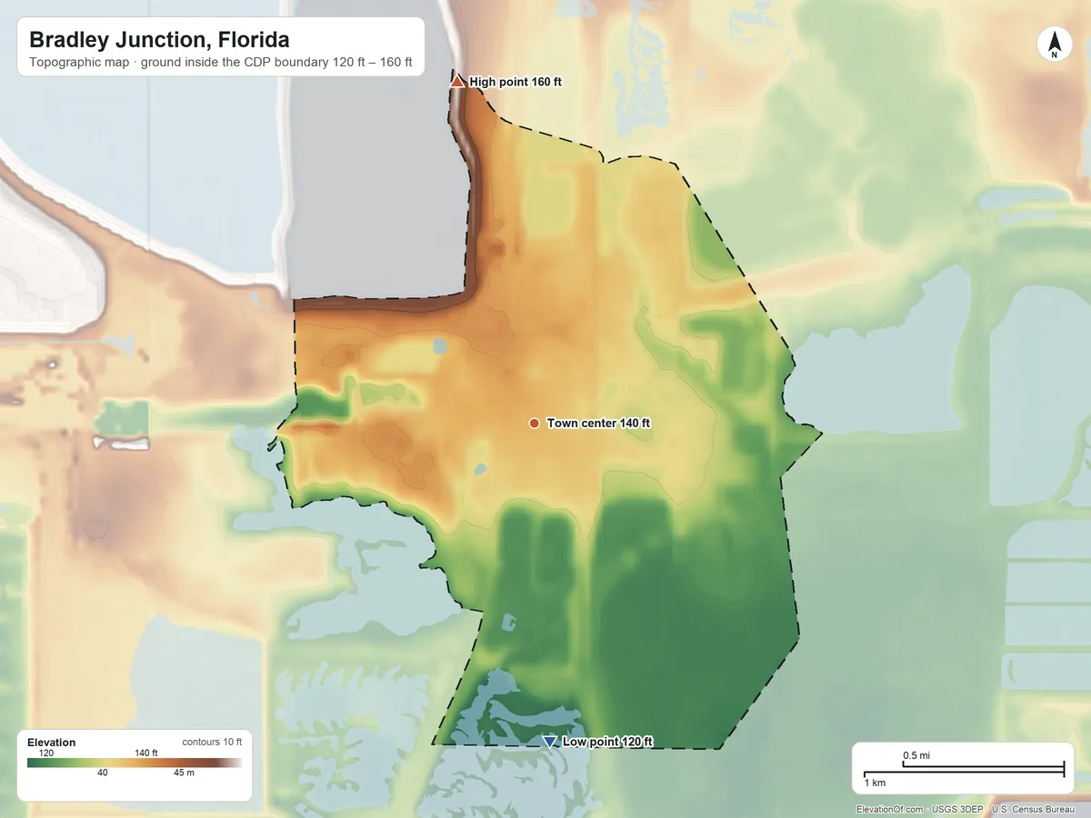 Topographic elevation map of Bradley Junction, Florida, shaded from 120 ft on the south side to 160 ft on the north side