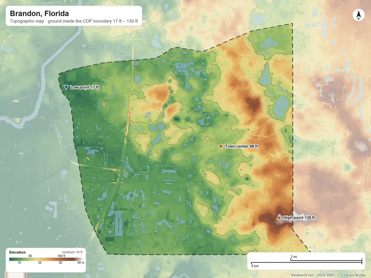 Topographic elevation map of Brandon, Florida, shaded from 17 ft on the west side to 130 ft on the southeast side