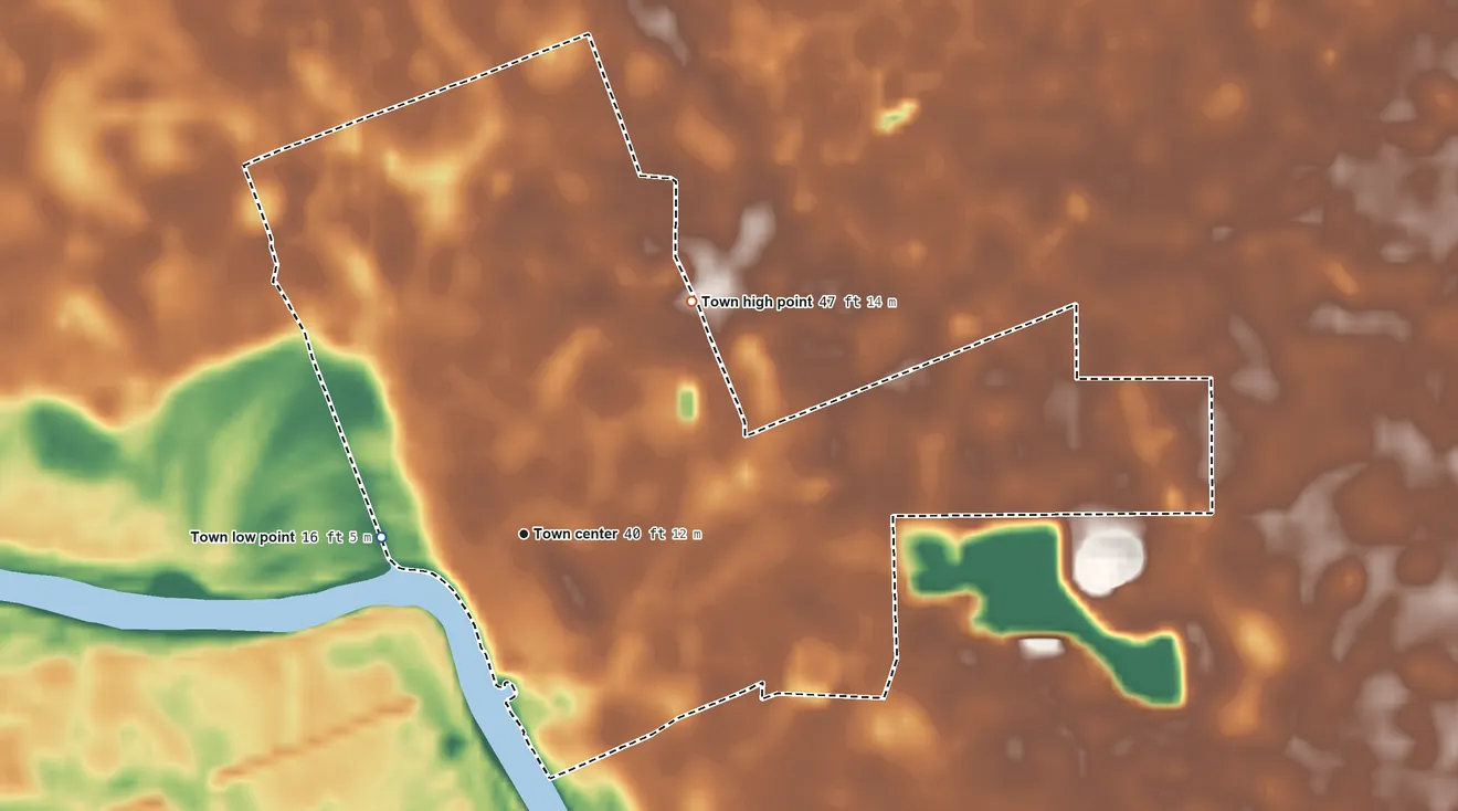 Topographic elevation map of Branford, Florida, shaded from 16 ft on the west side to 47 ft on the northeast side