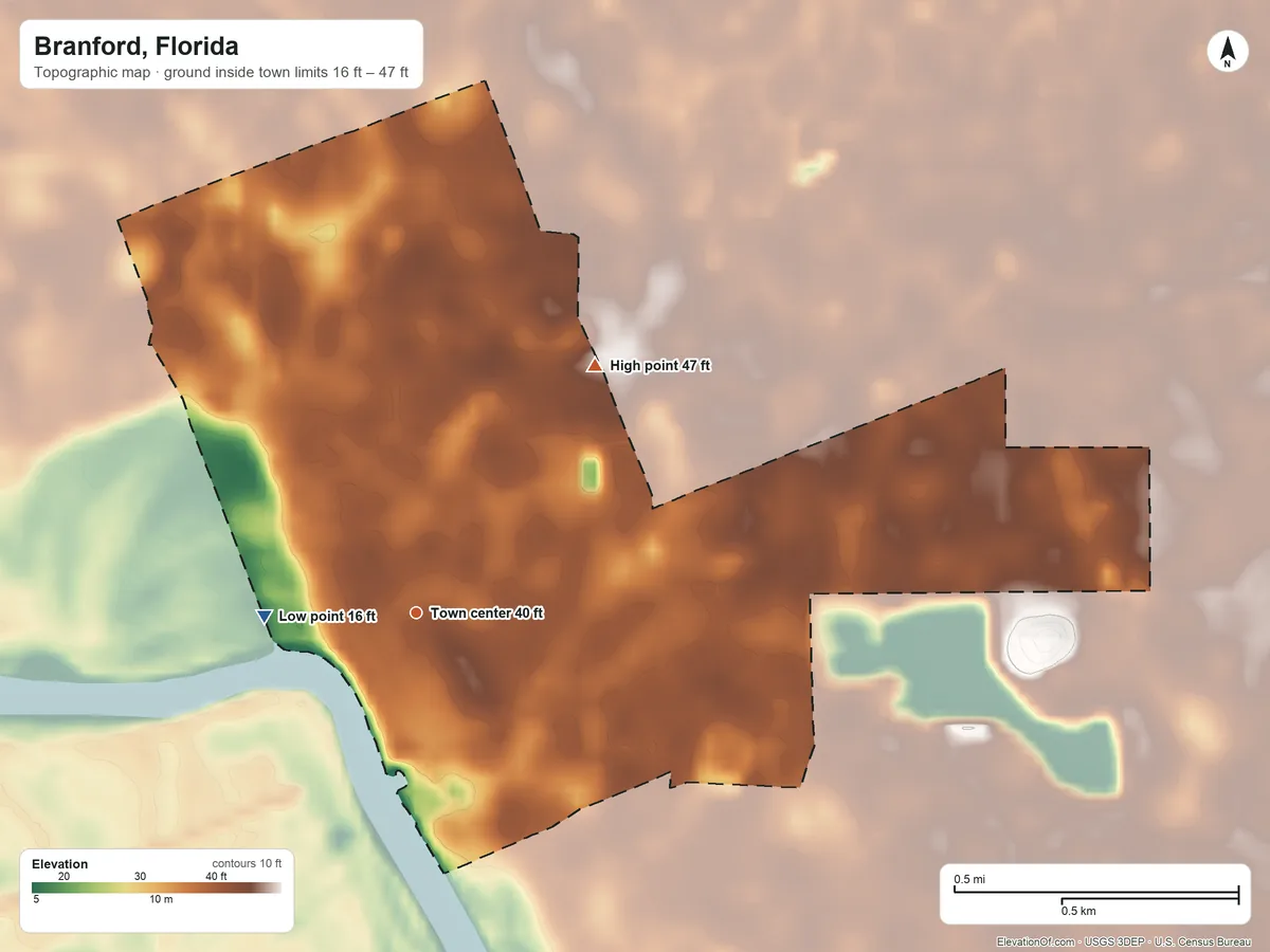 Topographic elevation map of Branford, Florida, shaded from 16 ft on the west side to 47 ft on the northeast side
