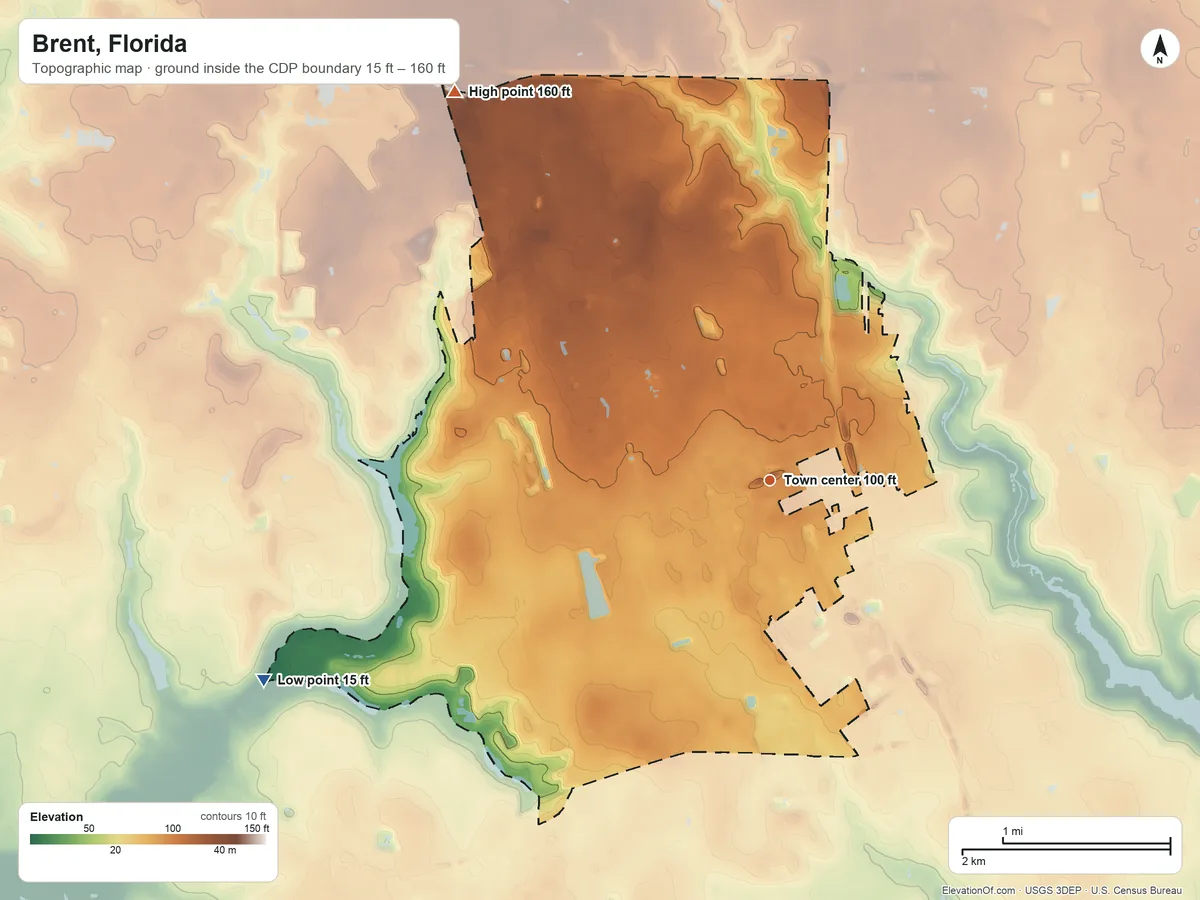 Topographic elevation map of Brent, Florida, shaded from 15 ft on the west side to 160 ft on the northwest side