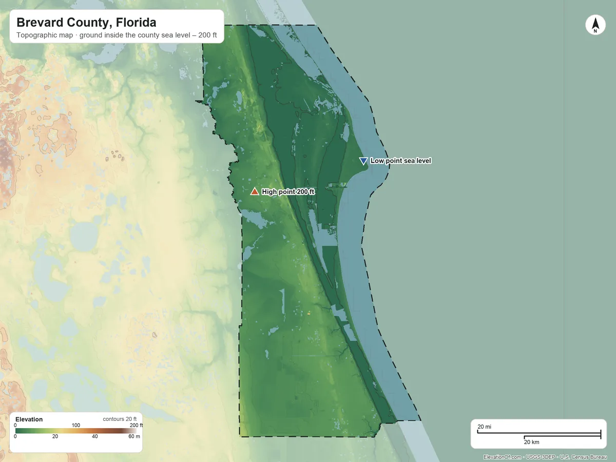 Topographic elevation map of Brevard County, Florida, shaded from sea level on the Atlantic Ocean to 200 ft on the northwest side