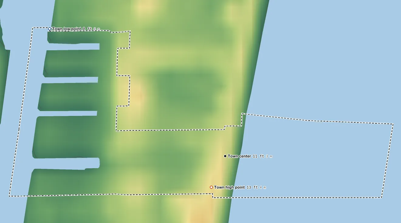 Topographic elevation map of Briny Breezes, Florida, shaded from sea level level on the Atlantic Ocean to 13 ft near the middle