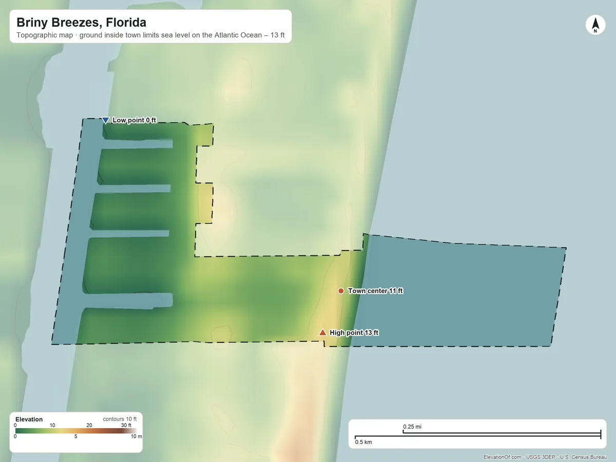 Topographic elevation map of Briny Breezes, Florida, shaded from sea level level on the Atlantic Ocean to 13 ft near the middle