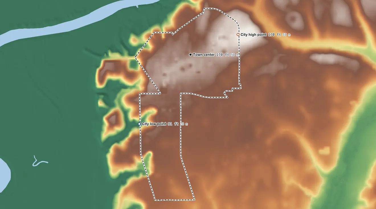Topographic elevation map of Bristol, Florida, shaded from 91 ft on the southwest side to 170 ft on the northeast side