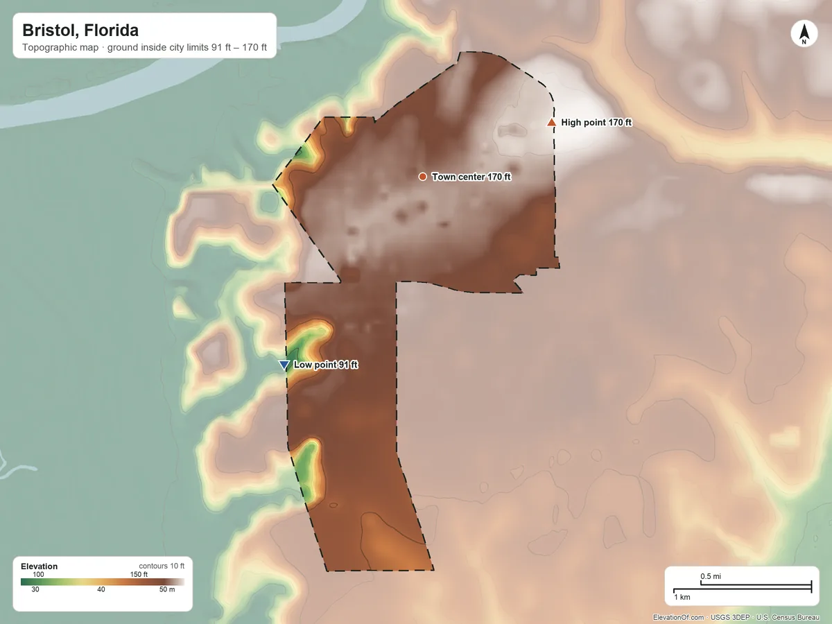 Topographic elevation map of Bristol, Florida, shaded from 91 ft on the southwest side to 170 ft on the northeast side