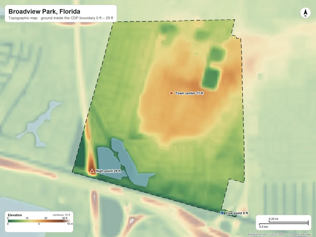 Topographic elevation map of Broadview Park, Florida, shaded from 0 ft on the southeast side to 29 ft on the southwest side