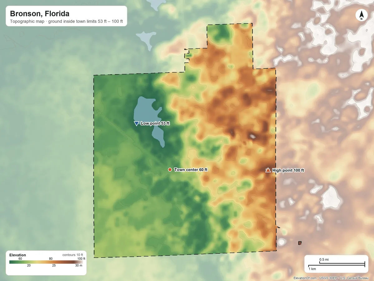 Topographic elevation map of Bronson, Florida, shaded from 53 ft on the northwest side to 100 ft on the east side