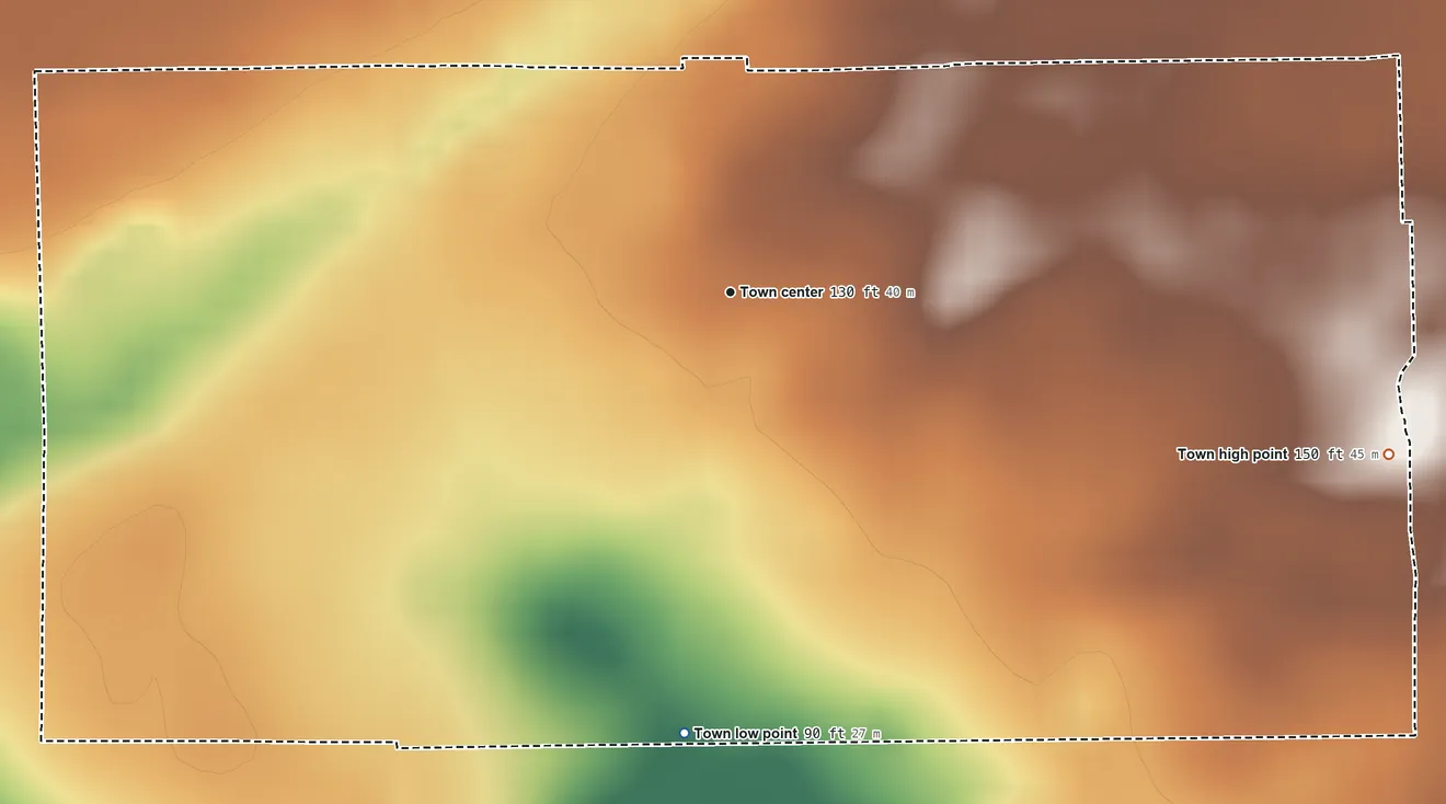 Topographic elevation map of Brooker, Florida, shaded from 90 ft on the south side to 150 ft on the east side