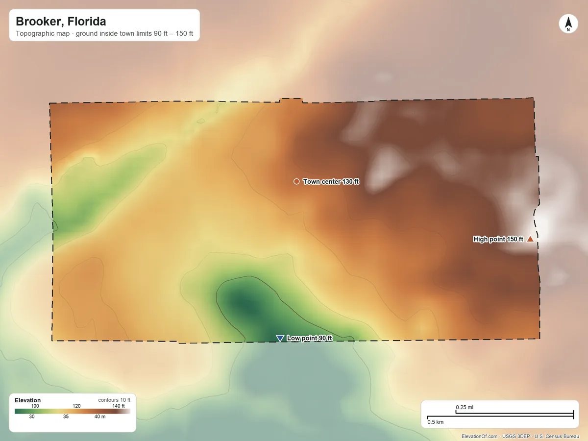 Topographic elevation map of Brooker, Florida, shaded from 90 ft on the south side to 150 ft on the east side