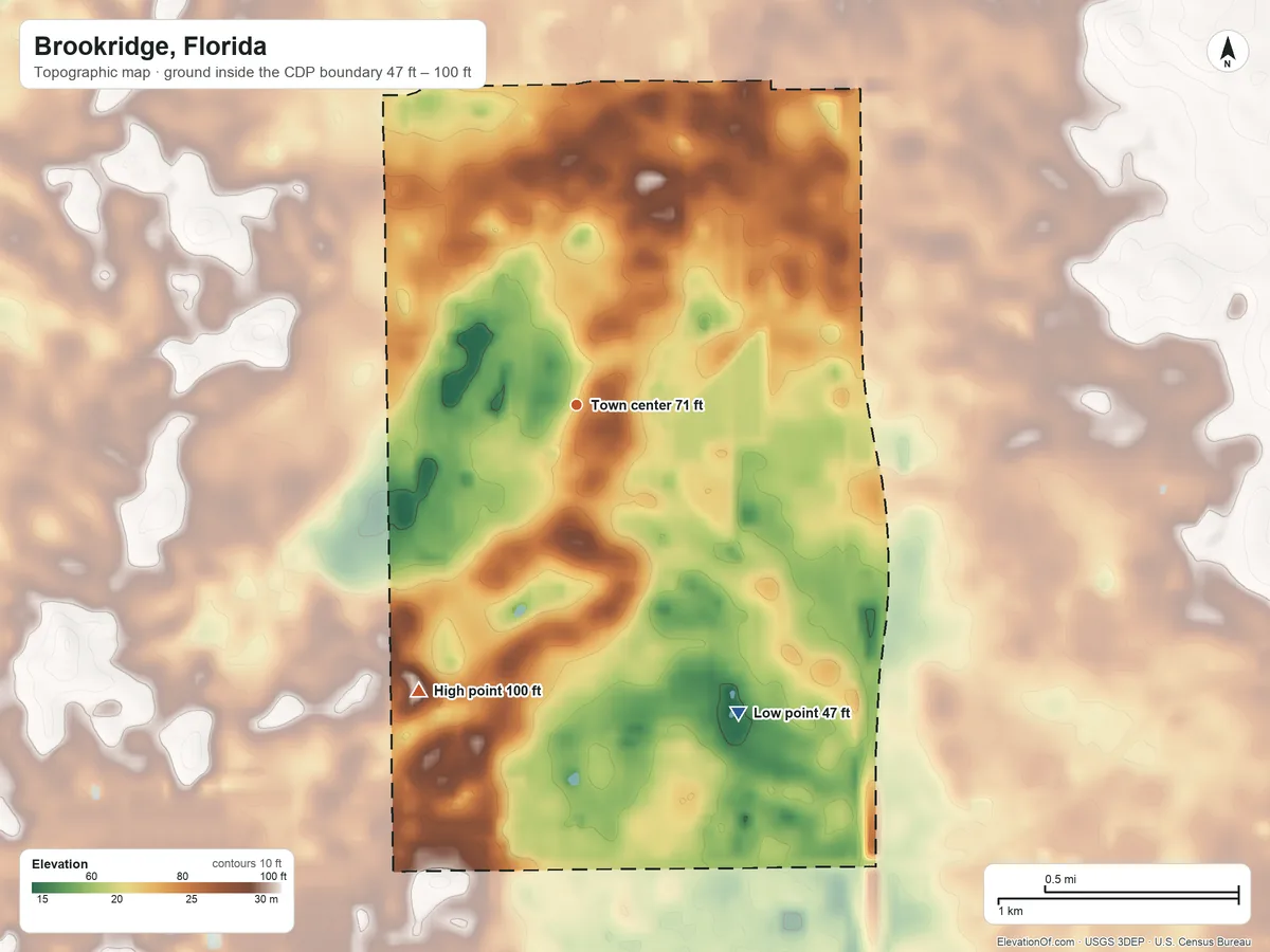 Topographic elevation map of Brookridge, Florida, shaded from 47 ft on the southeast side to 100 ft on the southwest side
