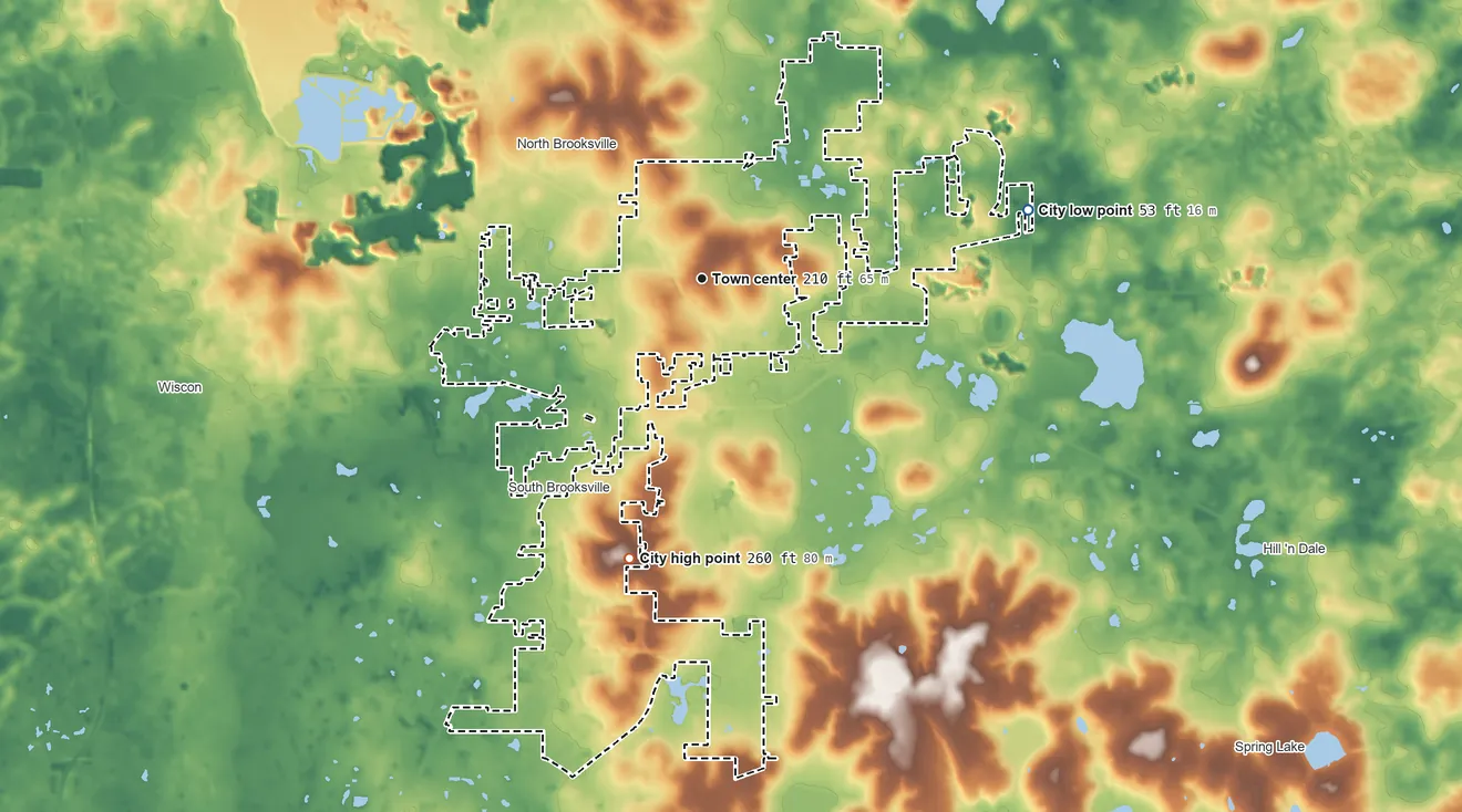 Topographic elevation map of Brooksville, Florida, shaded from 53 ft on the east side to 260 ft on the south side