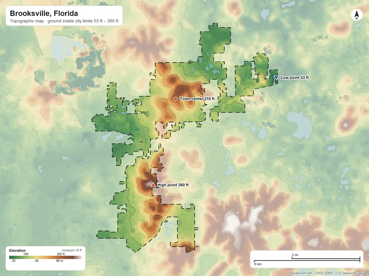 Topographic elevation map of Brooksville, Florida, shaded from 53 ft on the east side to 260 ft on the south side