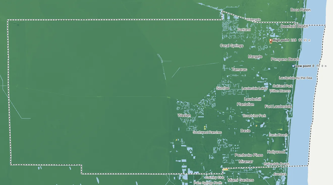 Topographic elevation map of Broward County, Florida, shaded from sea level on the Atlantic Ocean to 210 ft on the northeast side
