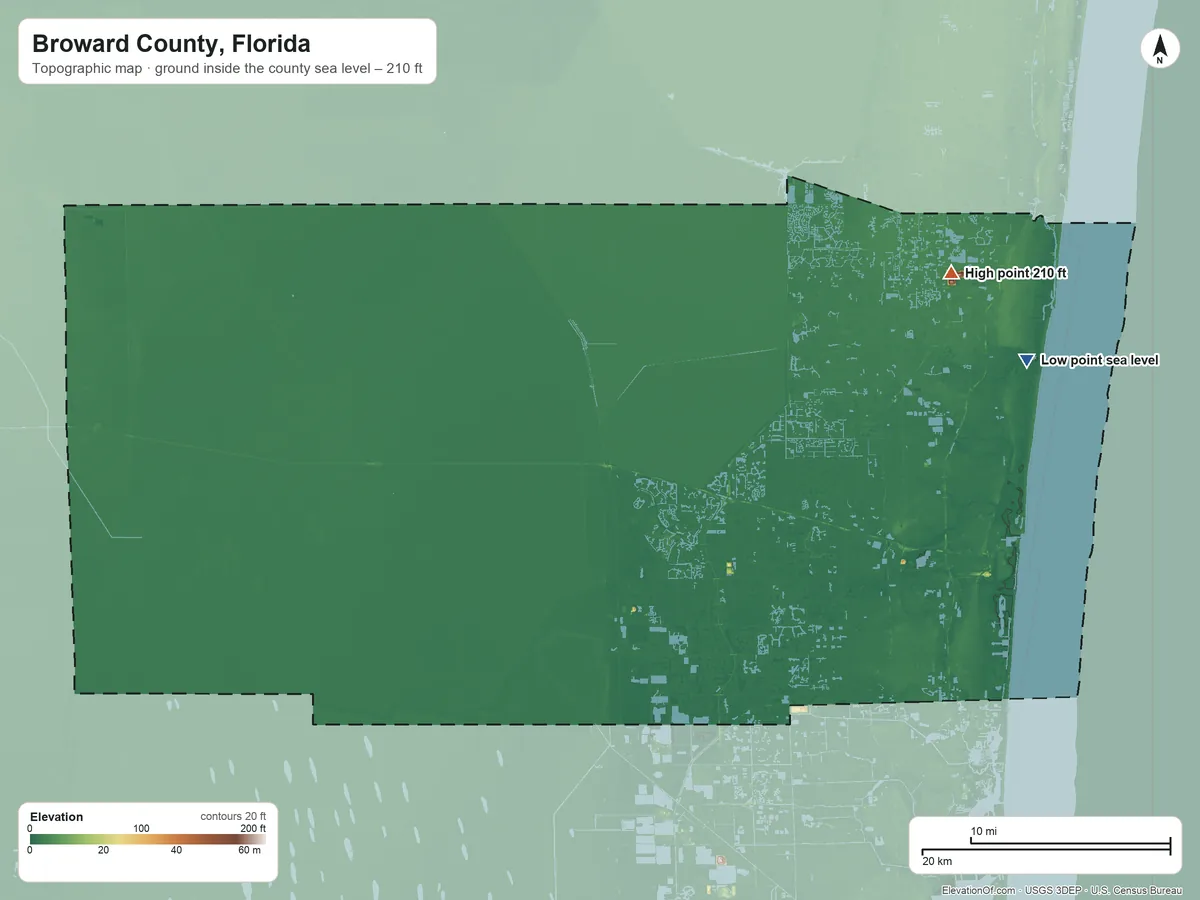 Topographic elevation map of Broward County, Florida, shaded from sea level on the Atlantic Ocean to 210 ft on the northeast side
