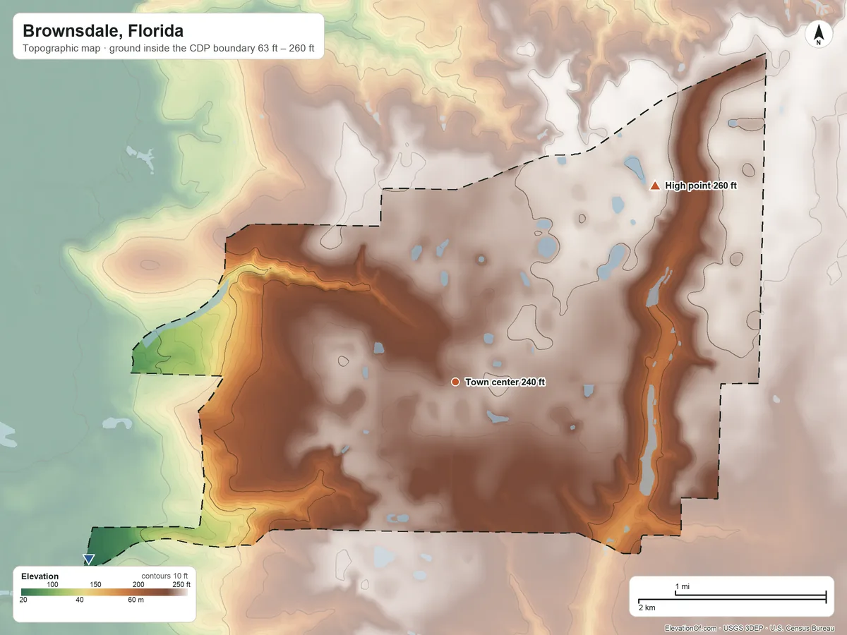 Topographic elevation map of Brownsdale, Florida, shaded from 63 ft on the southwest side to 260 ft on the northeast side