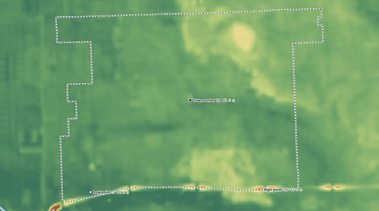 Topographic elevation map of Brownsville, Florida, shaded from 5 ft on the southwest side to 26 ft on the southeast side