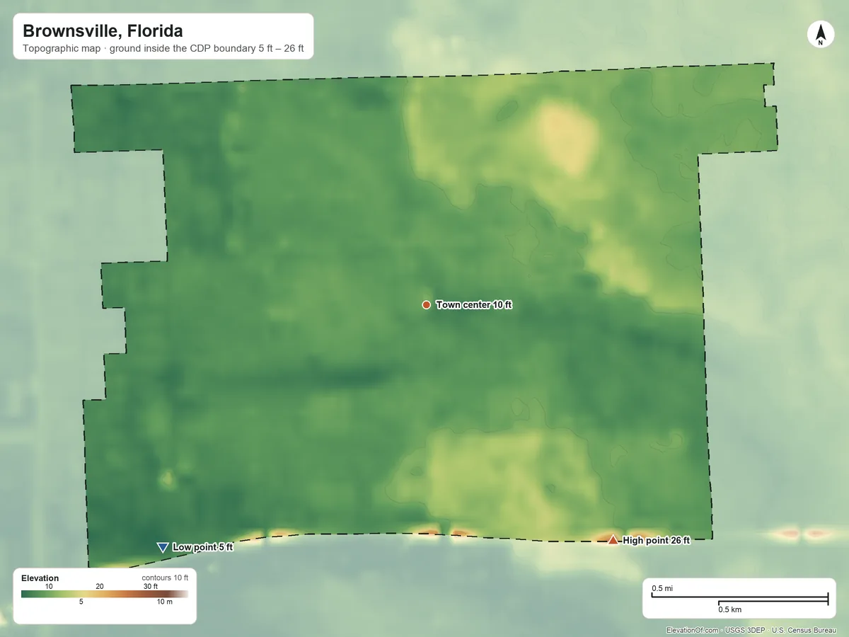 Topographic elevation map of Brownsville, Florida, shaded from 5 ft on the southwest side to 26 ft on the southeast side