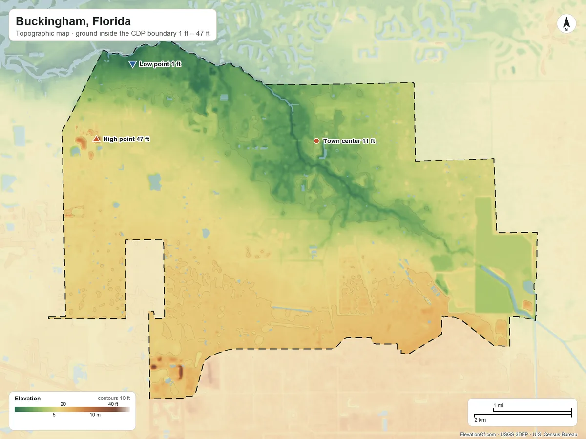 Topographic elevation map of Buckingham, Florida, shaded from 1 ft on the northwest side to 47 ft on the west side