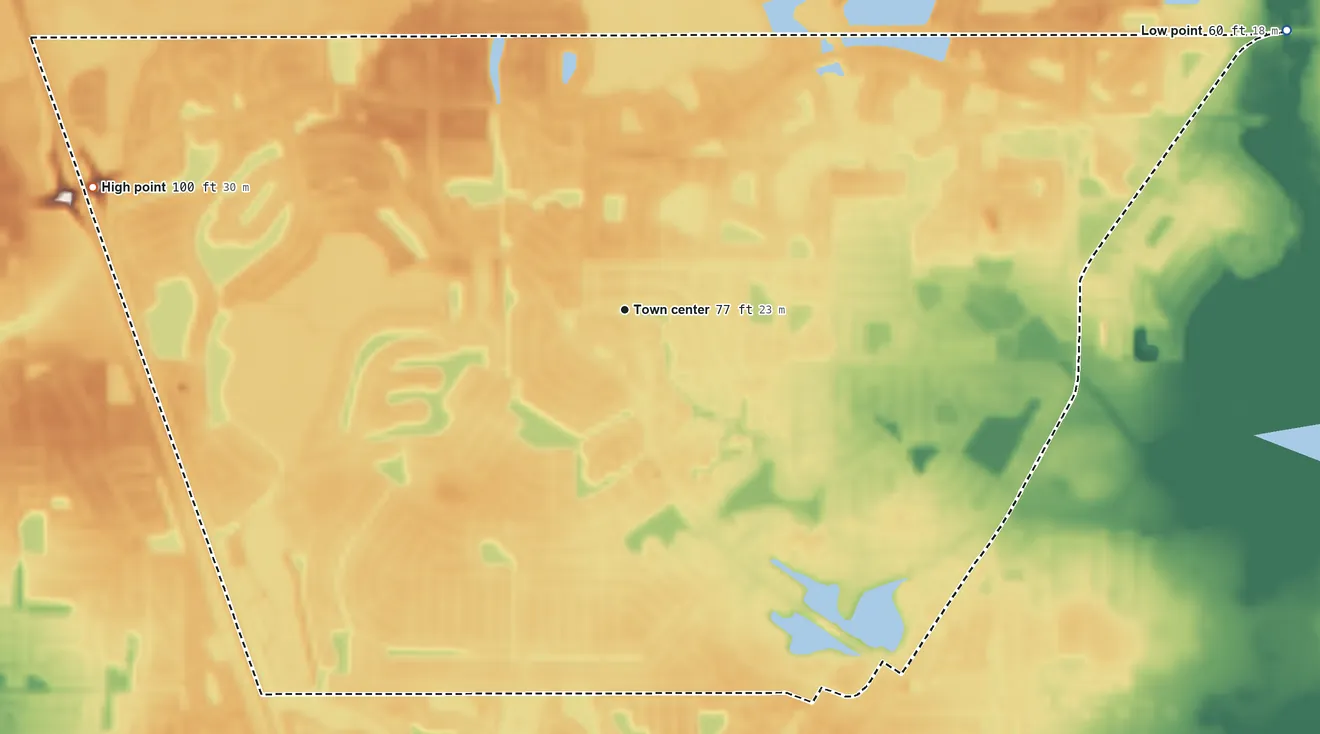 Topographic elevation map of Buenaventura Lakes, Florida, shaded from 60 ft on the northeast side to 100 ft on the west side