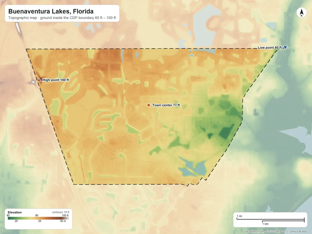 Topographic elevation map of Buenaventura Lakes, Florida, shaded from 60 ft on the northeast side to 100 ft on the west side