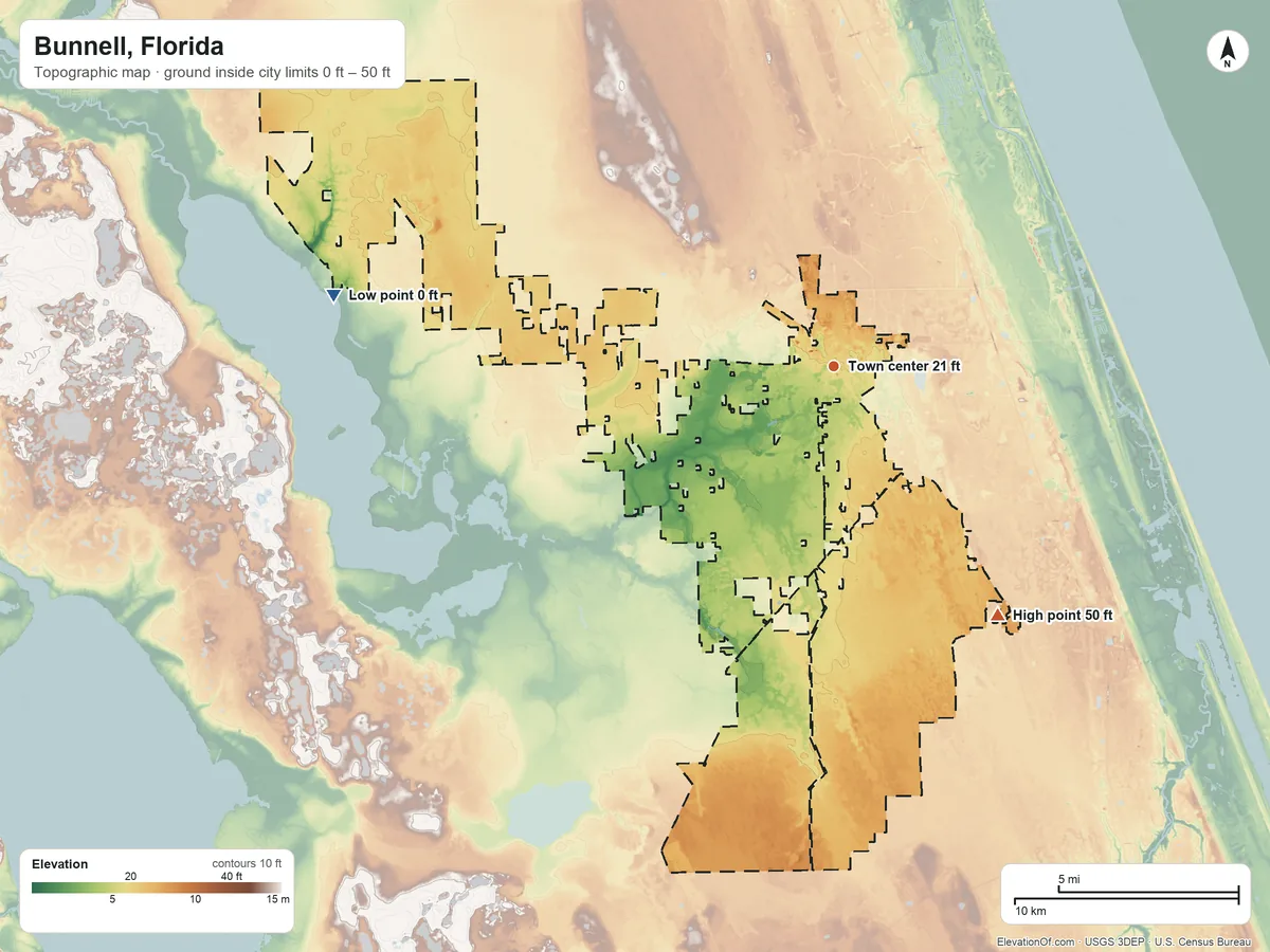 Topographic elevation map of Bunnell, Florida, shaded from 0 ft on the west side to 50 ft on the southeast side