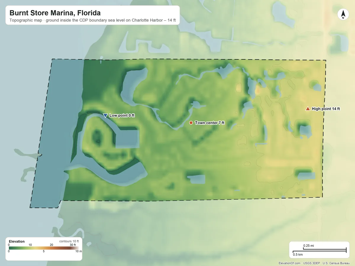Topographic elevation map of Burnt Store Marina, Florida, shaded from sea level level on Charlotte Harbor to 14 ft on the east side