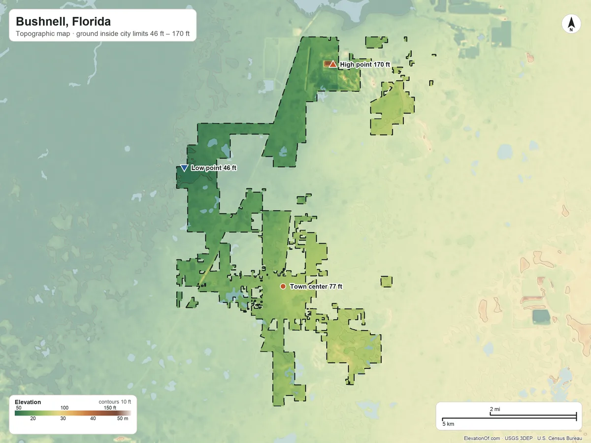 Topographic elevation map of Bushnell, Florida, shaded from 46 ft on the northwest side to 170 ft on the north side