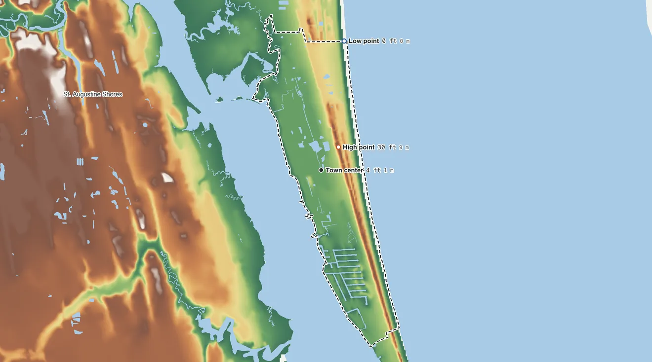 Topographic elevation map of Butler Beach, Florida, shaded from sea level level on the Atlantic Ocean to 30 ft near the middle