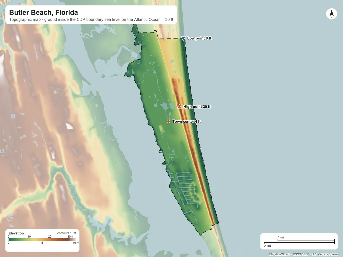 Topographic elevation map of Butler Beach, Florida, shaded from sea level level on the Atlantic Ocean to 30 ft near the middle