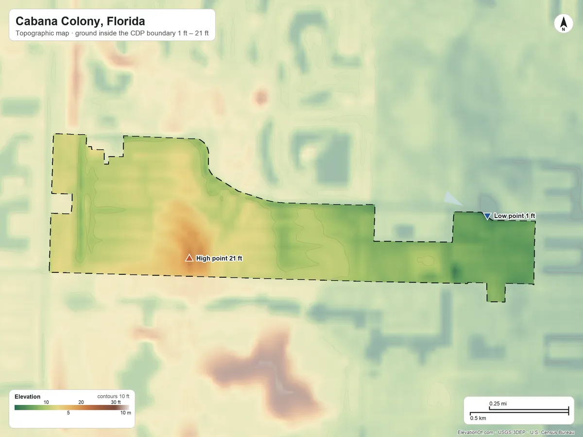 Topographic elevation map of Cabana Colony, Florida, shaded from 1 ft on the east side to 21 ft near the middle