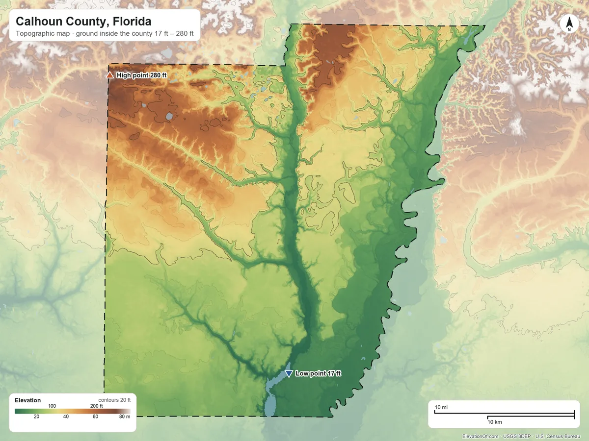 Topographic elevation map of Calhoun County, Florida, shaded from 17 ft on the south side to 280 ft on the northwest side