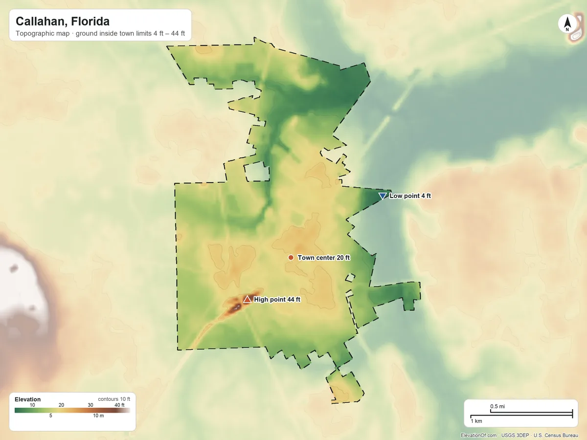Topographic elevation map of Callahan, Florida, shaded from 4 ft on the northeast side to 44 ft on the southwest side