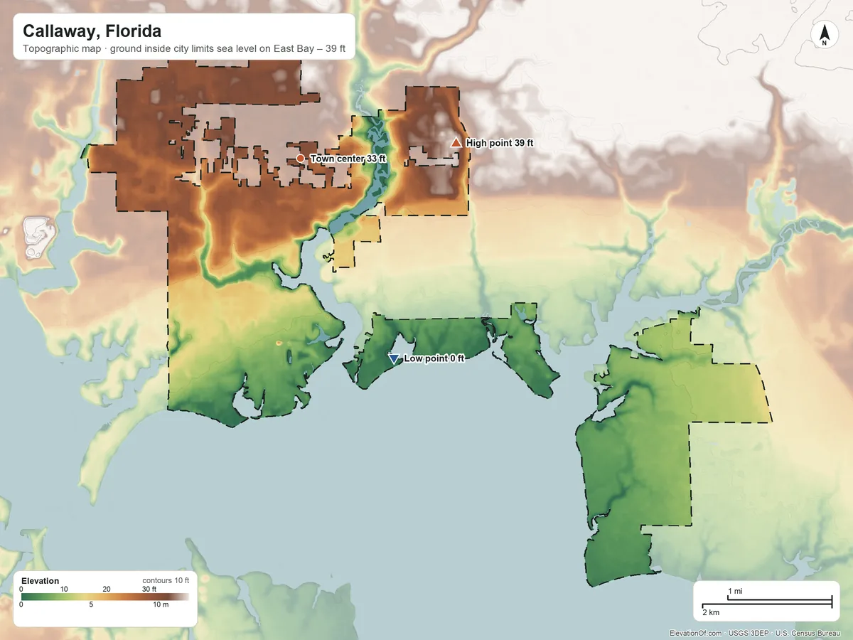 Topographic elevation map of Callaway, Florida, shaded from sea level level on East Bay to 39 ft on the east side