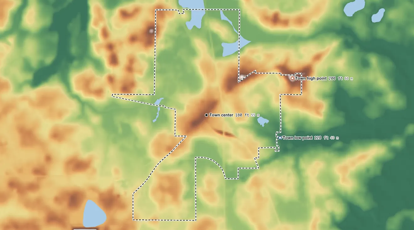Topographic elevation map of Campbellton, Florida, shaded from 120 ft on the east side to 200 ft on the northeast side