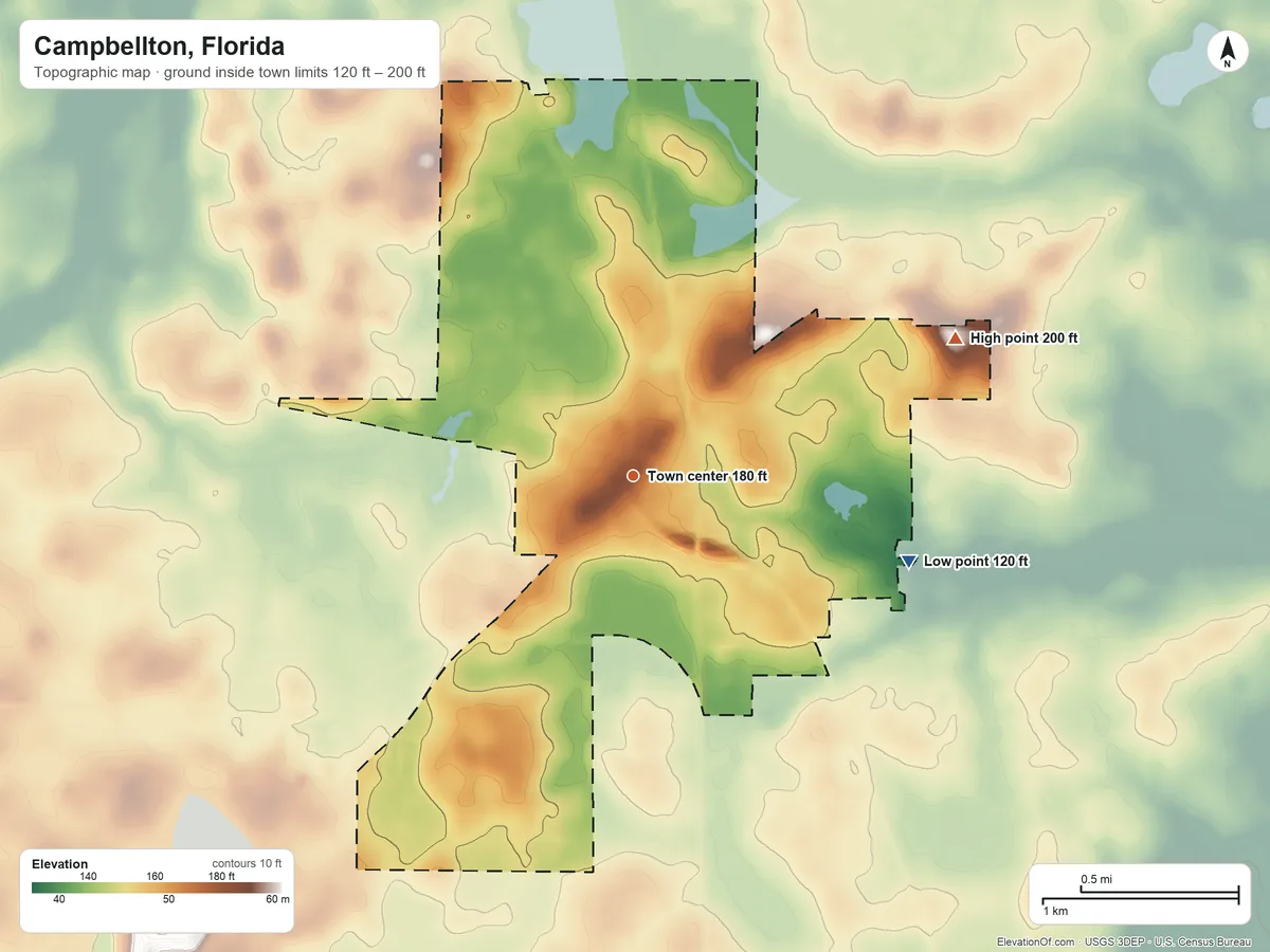 Topographic elevation map of Campbellton, Florida, shaded from 120 ft on the east side to 200 ft on the northeast side