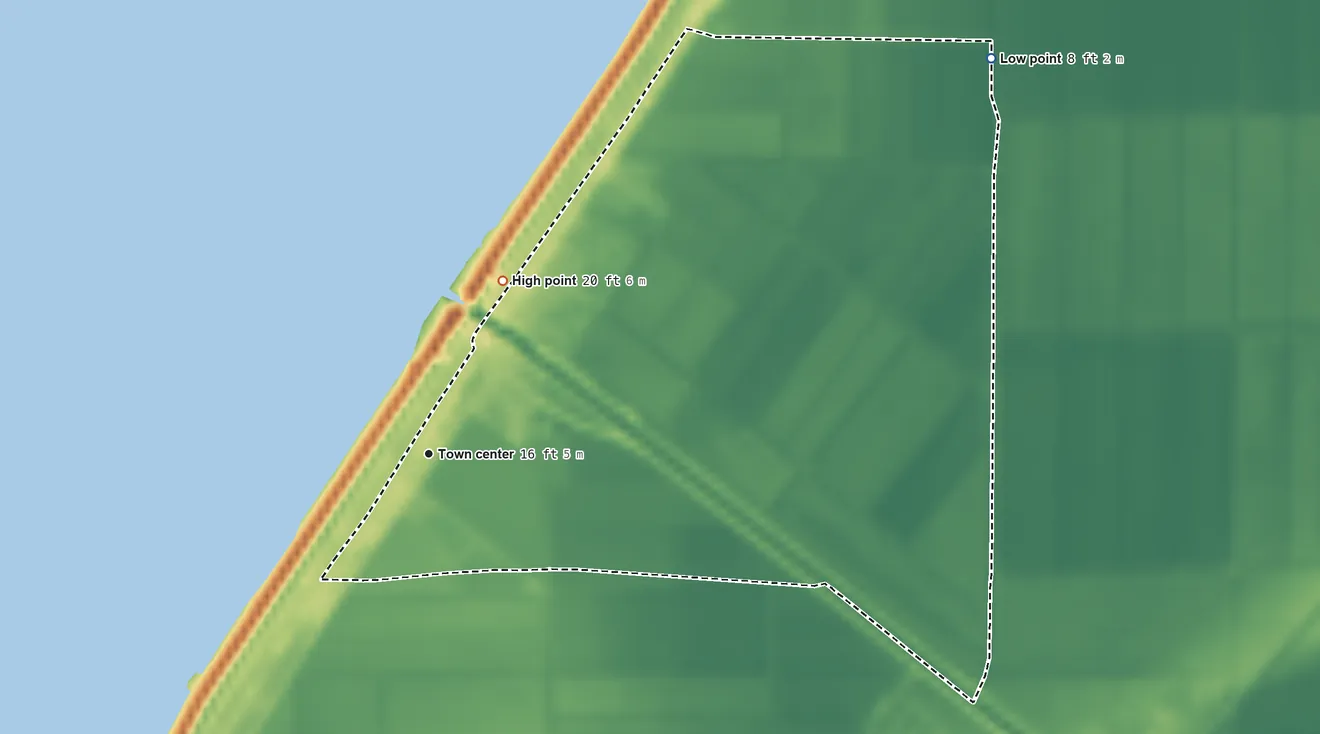 Topographic elevation map of Canal Point, Florida, shaded from 8 ft on the northeast side to 20 ft on the northeast side
