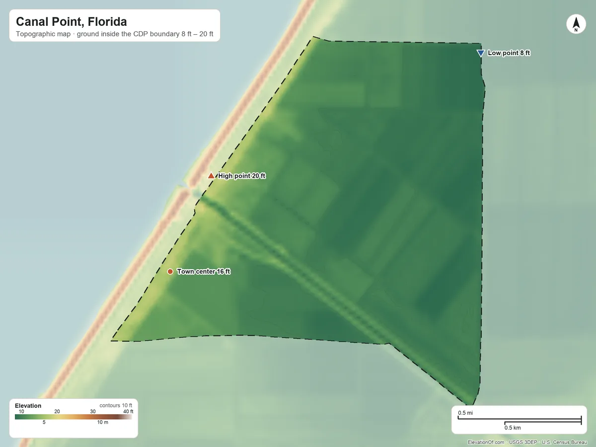 Topographic elevation map of Canal Point, Florida, shaded from 8 ft on the northeast side to 20 ft on the northeast side