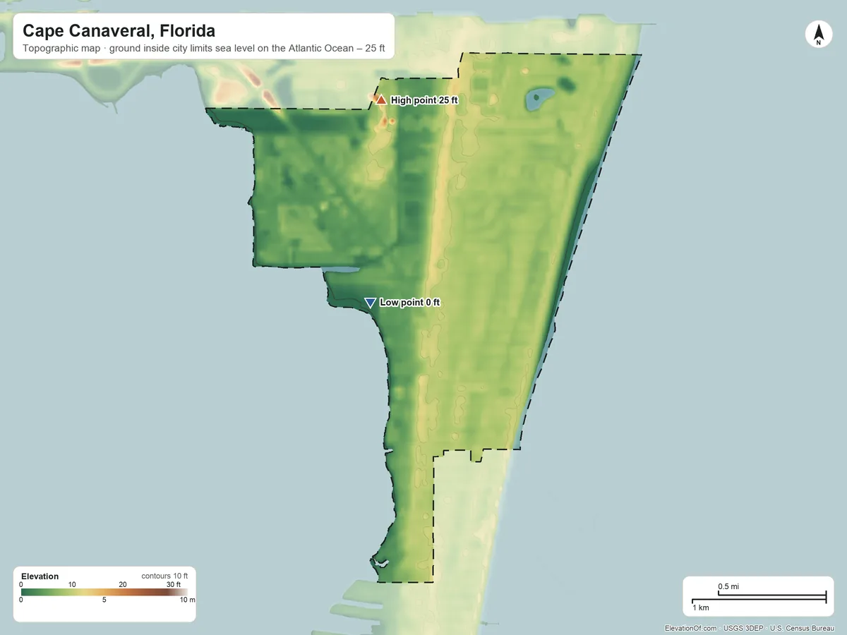 Topographic elevation map of Cape Canaveral, Florida, shaded from sea level level on the Atlantic Ocean to 25 ft on the northwest side