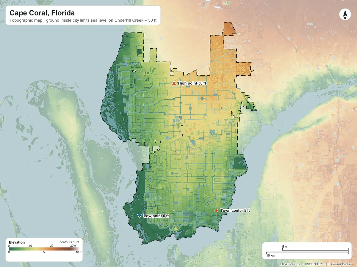Topographic elevation map of Cape Coral, Florida, shaded from sea level level on Underhill Creek to 30 ft on the north side