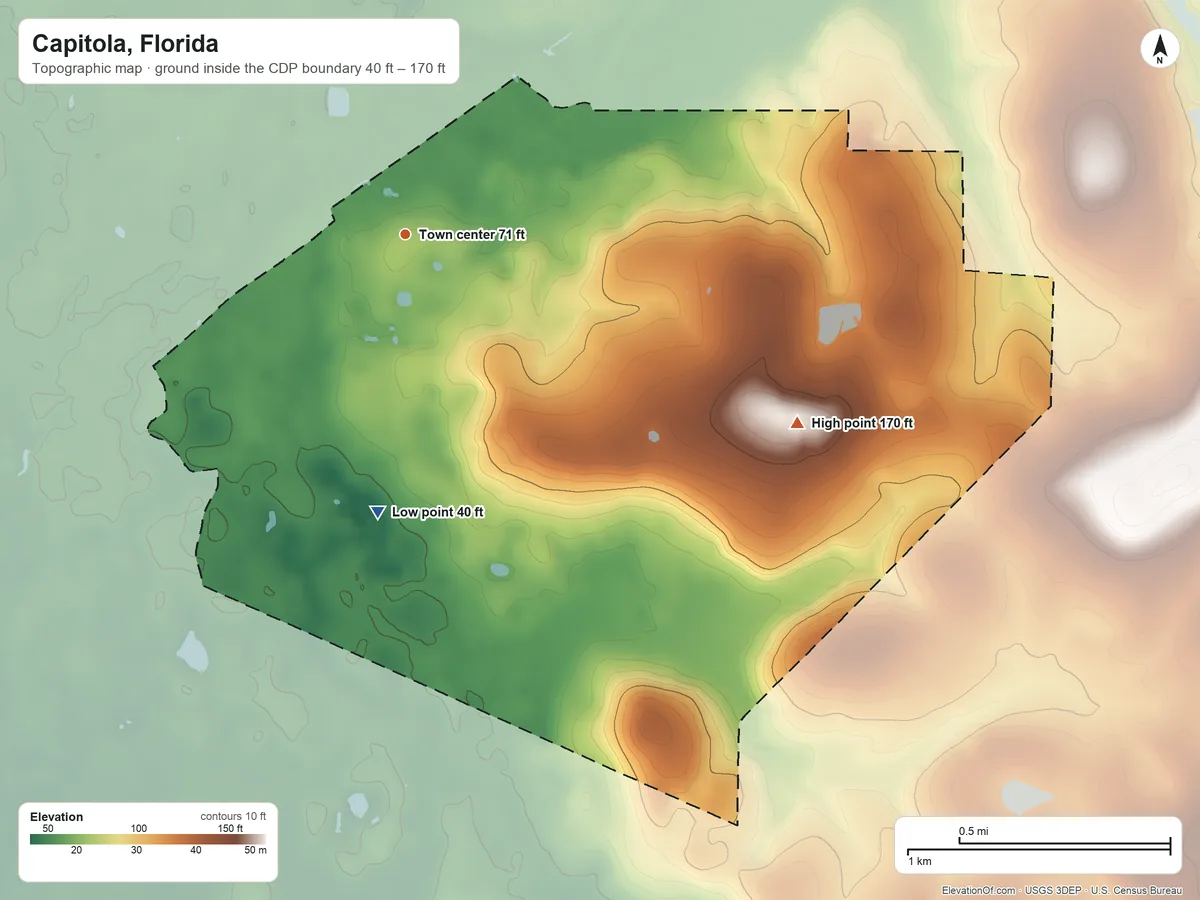 Topographic elevation map of Capitola, Florida, shaded from 40 ft on the south side to 170 ft on the southeast side