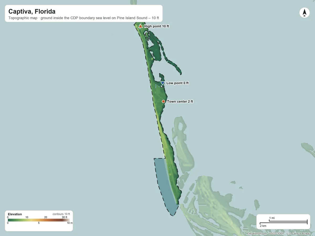 Topographic elevation map of Captiva, Florida, shaded from sea level level on Pine Island Sound to 10 ft on the north side