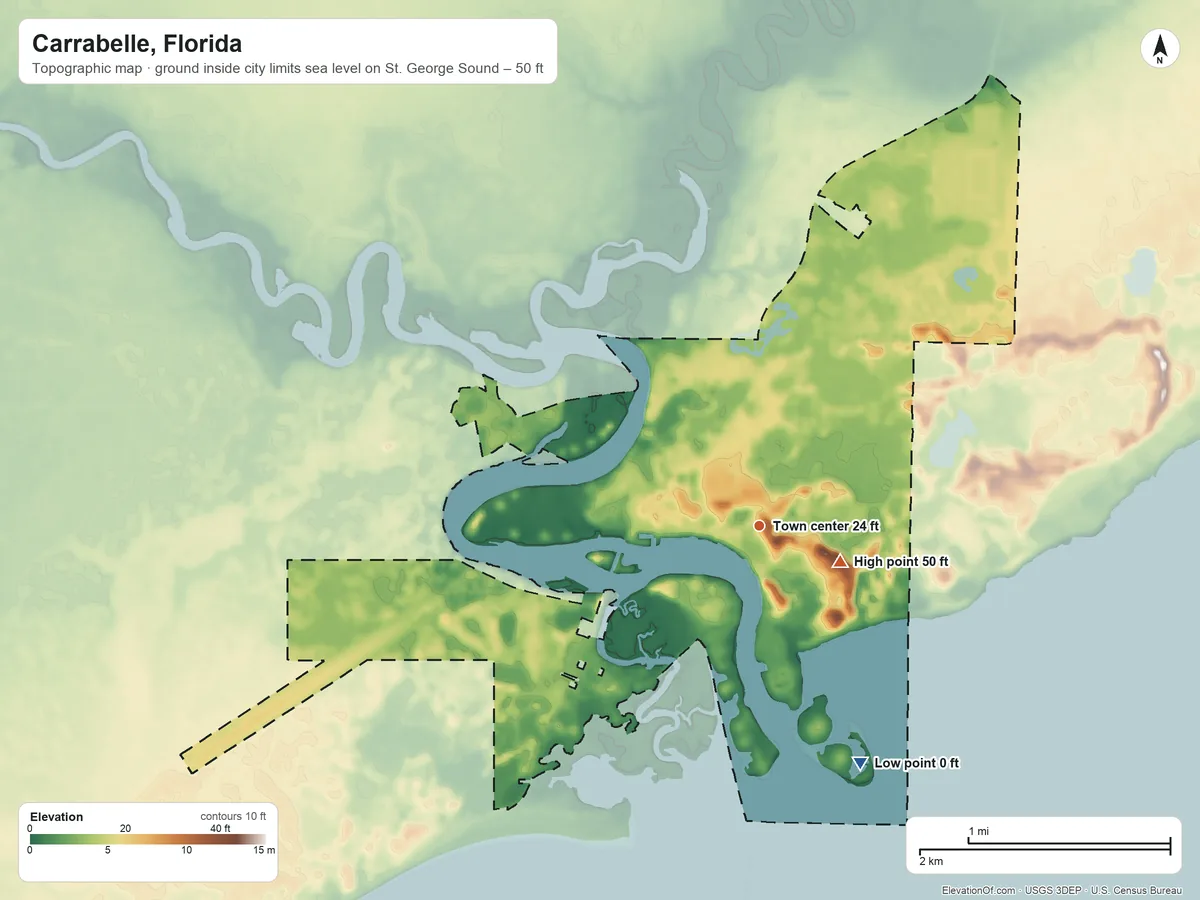 Topographic elevation map of Carrabelle, Florida, shaded from sea level level on St. George Sound to 50 ft near the middle