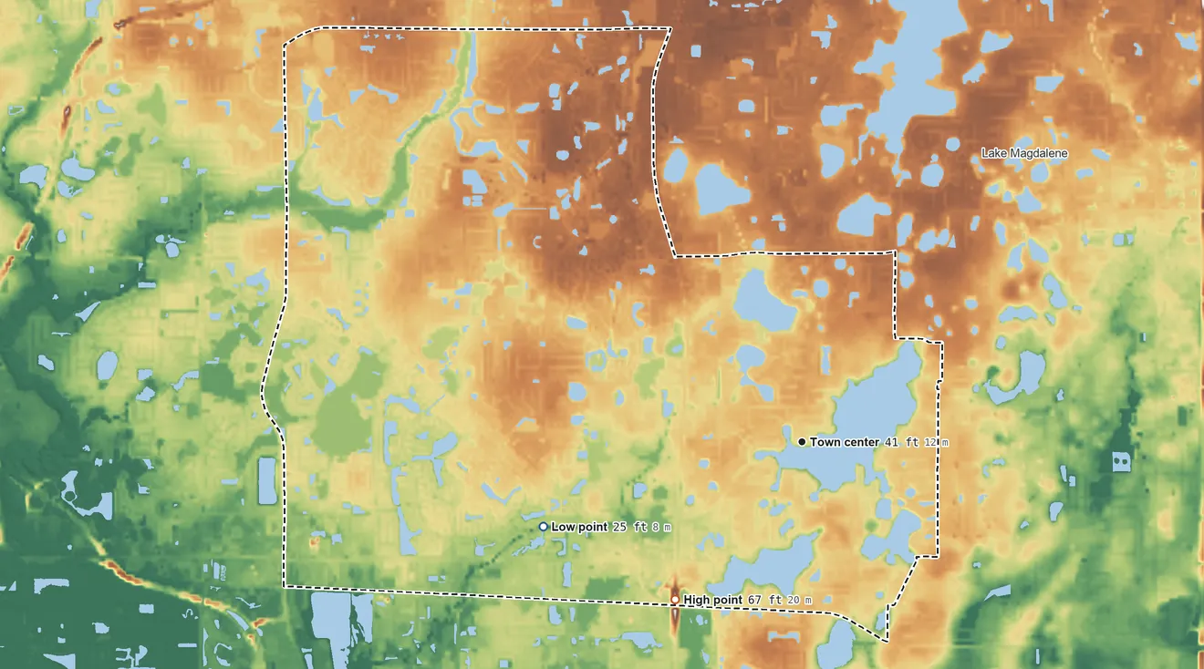 Topographic elevation map of Carrollwood, Florida, shaded from 25 ft on the west side to 67 ft on the southwest side