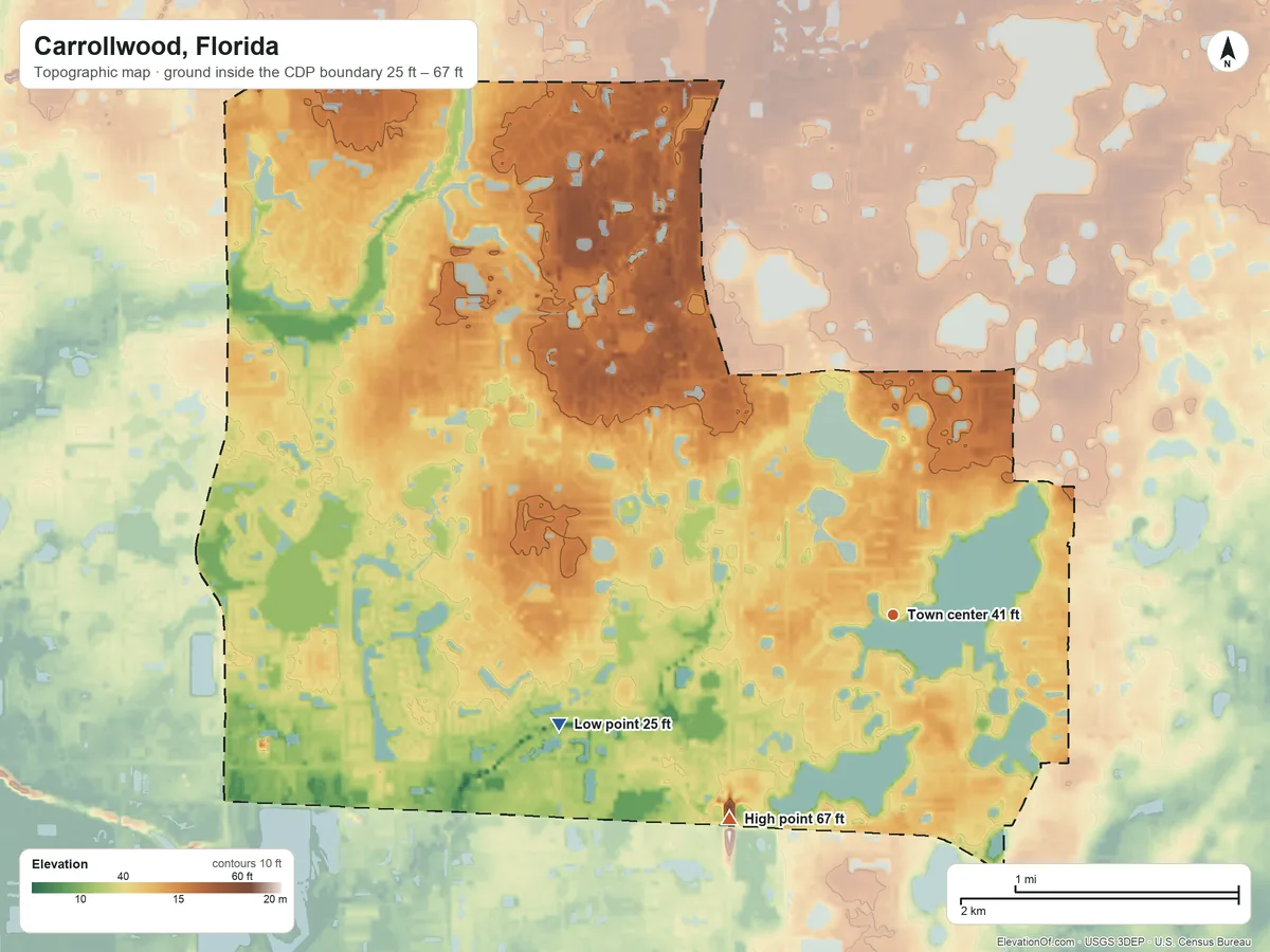 Topographic elevation map of Carrollwood, Florida, shaded from 25 ft on the west side to 67 ft on the southwest side