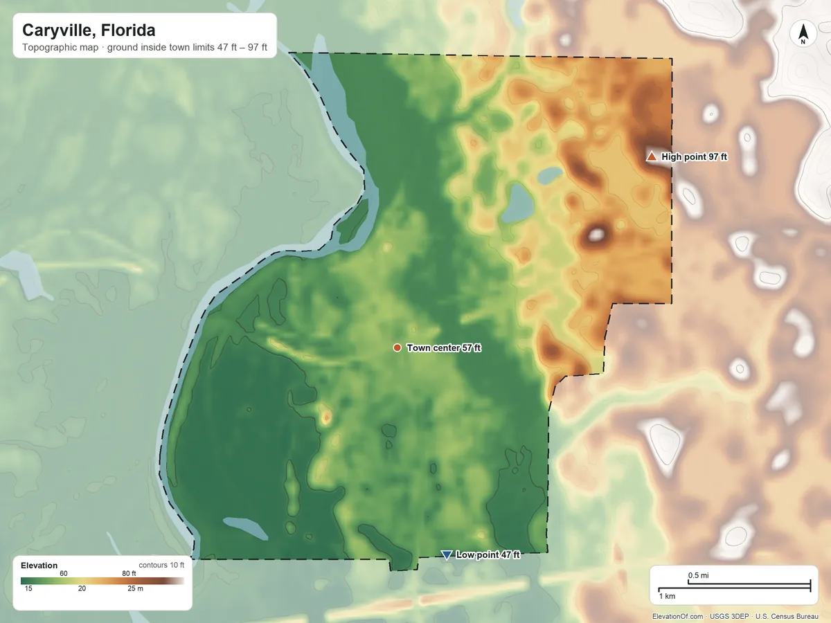 Topographic elevation map of Caryville, Florida, shaded from 47 ft on the south side to 97 ft on the northeast side