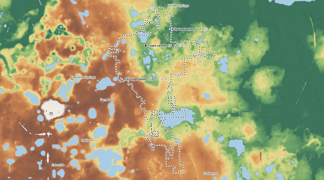 Topographic elevation map of Casselberry, Florida, shaded from 44 ft on the northeast side to 110 ft on the southwest side