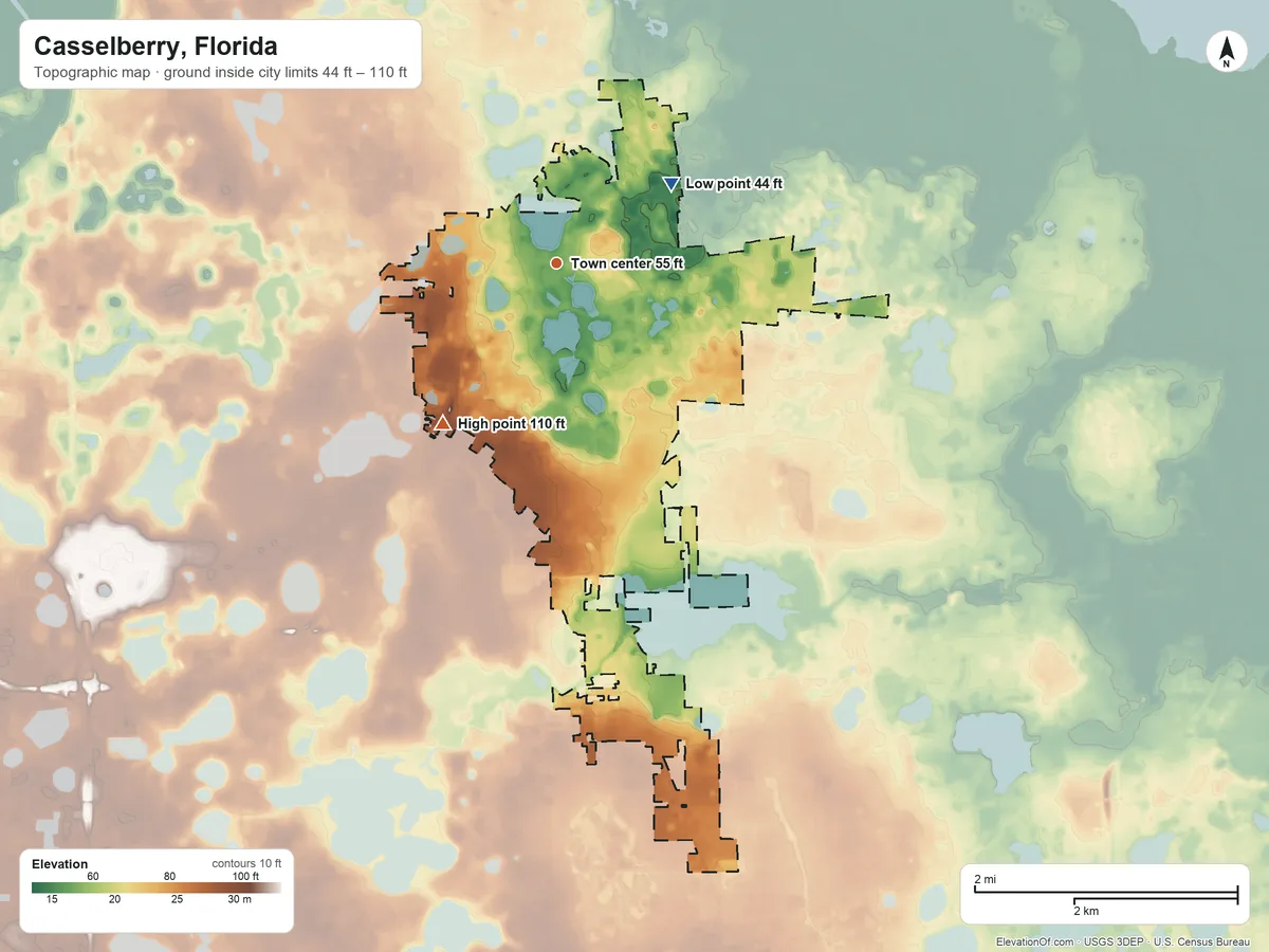 Topographic elevation map of Casselberry, Florida, shaded from 44 ft on the northeast side to 110 ft on the southwest side